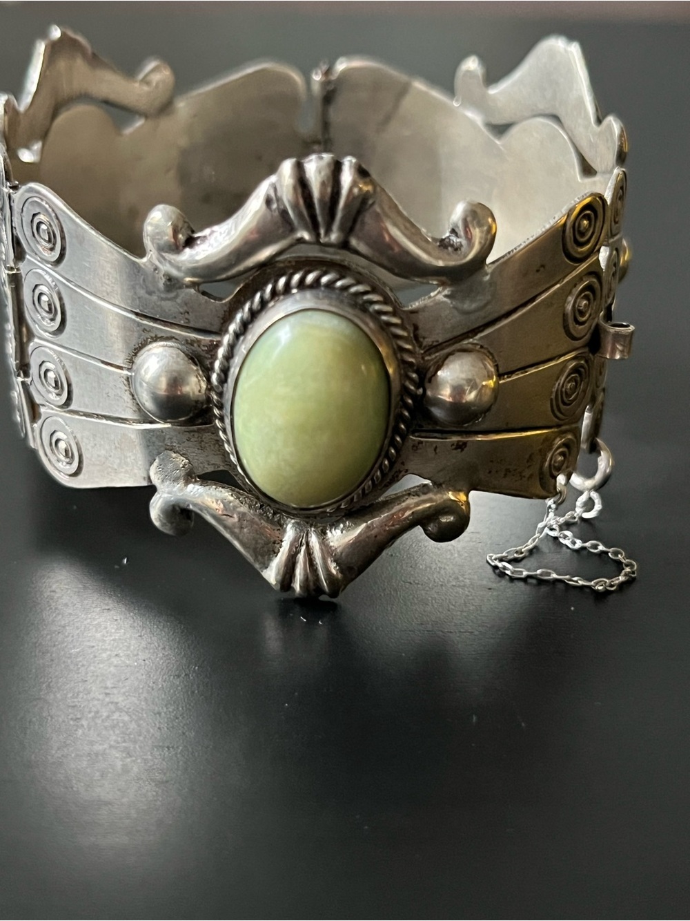 Mexico 925 Silver Green Stone Statement Cuff Bracelet